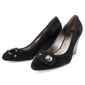 NIB$187 COACH Laney Soft Black Suede Wedges Logo Button Slip-On Pump 10